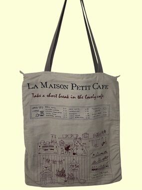 La Maison Petit Cafe Fabric Book Bag - Khaki with Burgundy Print from ModCloth